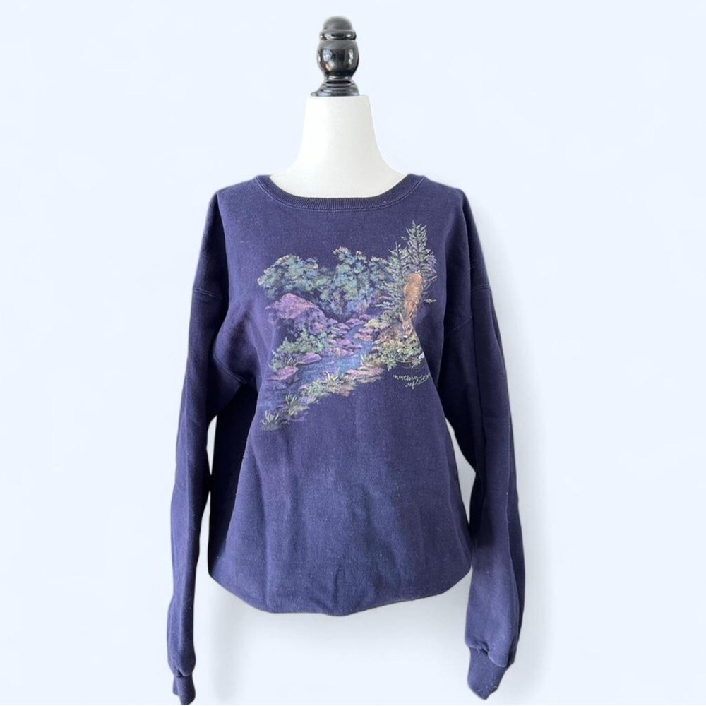 90s Northern Reflections Dark Blue Wildlife Deer Print Cottagecore Sweater Large